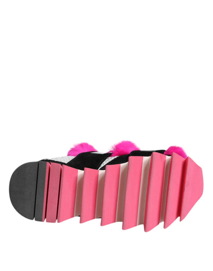 Dolce &amp; Gabbana – Schwarze, rosa, mit Pelz verzierte Sneakers