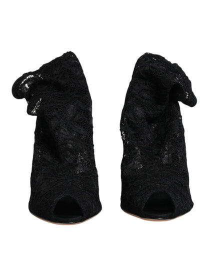 Dolce &amp; Gabbana – Schwarze, wadenhohe Stiefel mit Stretch-Absatz aus Spitze