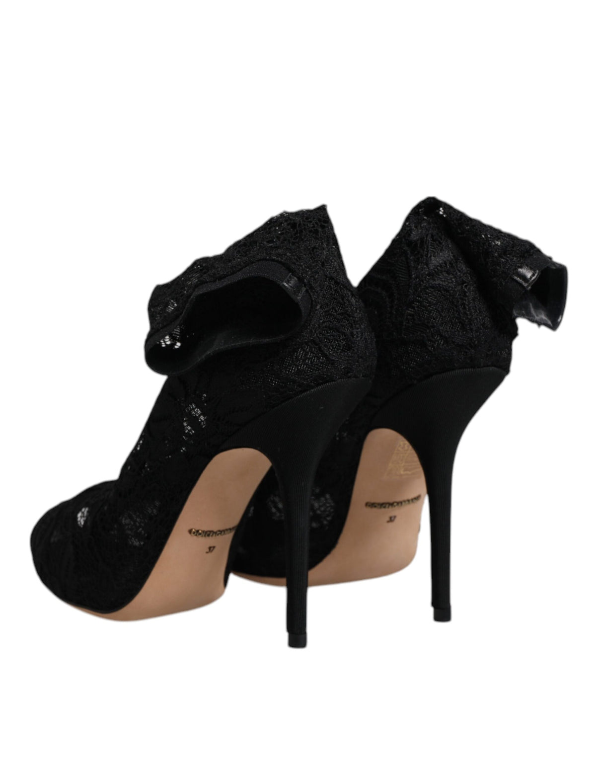 Dolce &amp; Gabbana – Schwarze, wadenhohe Stiefel mit Stretch-Absatz aus Spitze