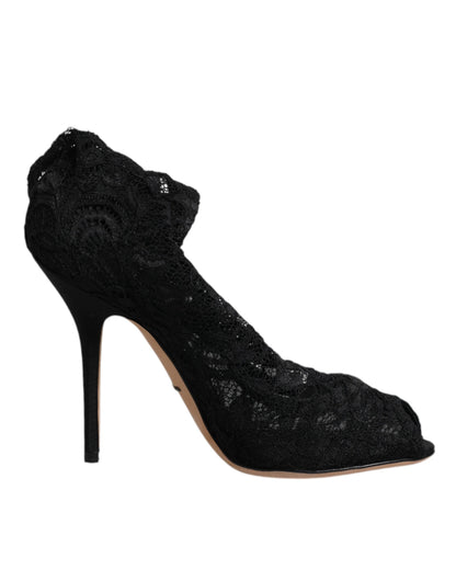 Dolce &amp; Gabbana – Schwarze, wadenhohe Stiefel mit Stretch-Absatz aus Spitze