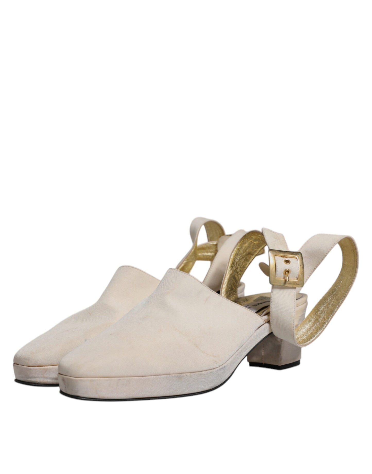 Dolce &amp; Gabbana Off White Block Heels Slingback Sandalen Schuhe