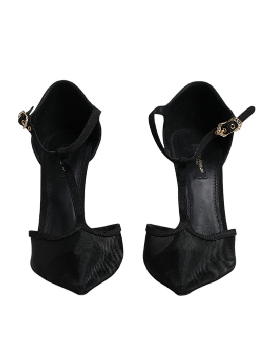 Dolce &amp; Gabbana – Schwarze High Heels mit T-Riemen aus Mesh mit Stilettoabsatz