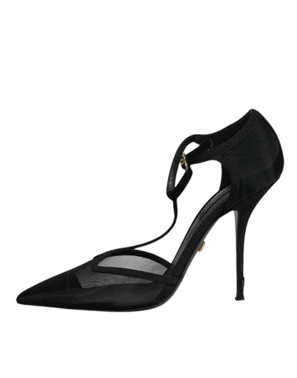 Dolce &amp; Gabbana – Schwarze High Heels mit T-Riemen aus Mesh mit Stilettoabsatz