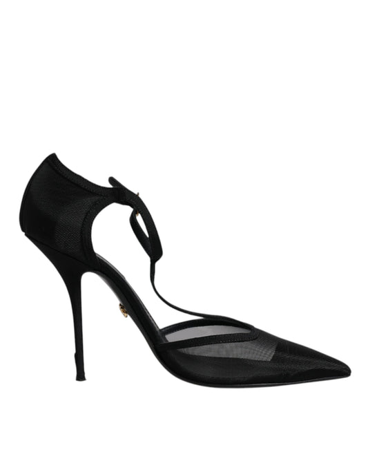Dolce &amp; Gabbana – Schwarze High Heels mit T-Riemen aus Mesh mit Stilettoabsatz