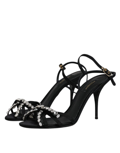 Dolce &amp; Gabbana – KEIRA – Sandalen aus schwarzem Leder mit Kristallschleife