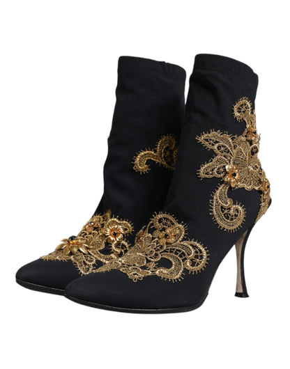Dolce &amp; Gabbana – Slipper-Stiefel mit schwarzer Goldstickerei