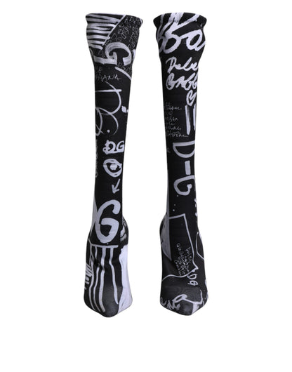 Dolce &amp; Gabbana Schwarzes Logo Stretch Heels Hohe Stiefel Schuhe