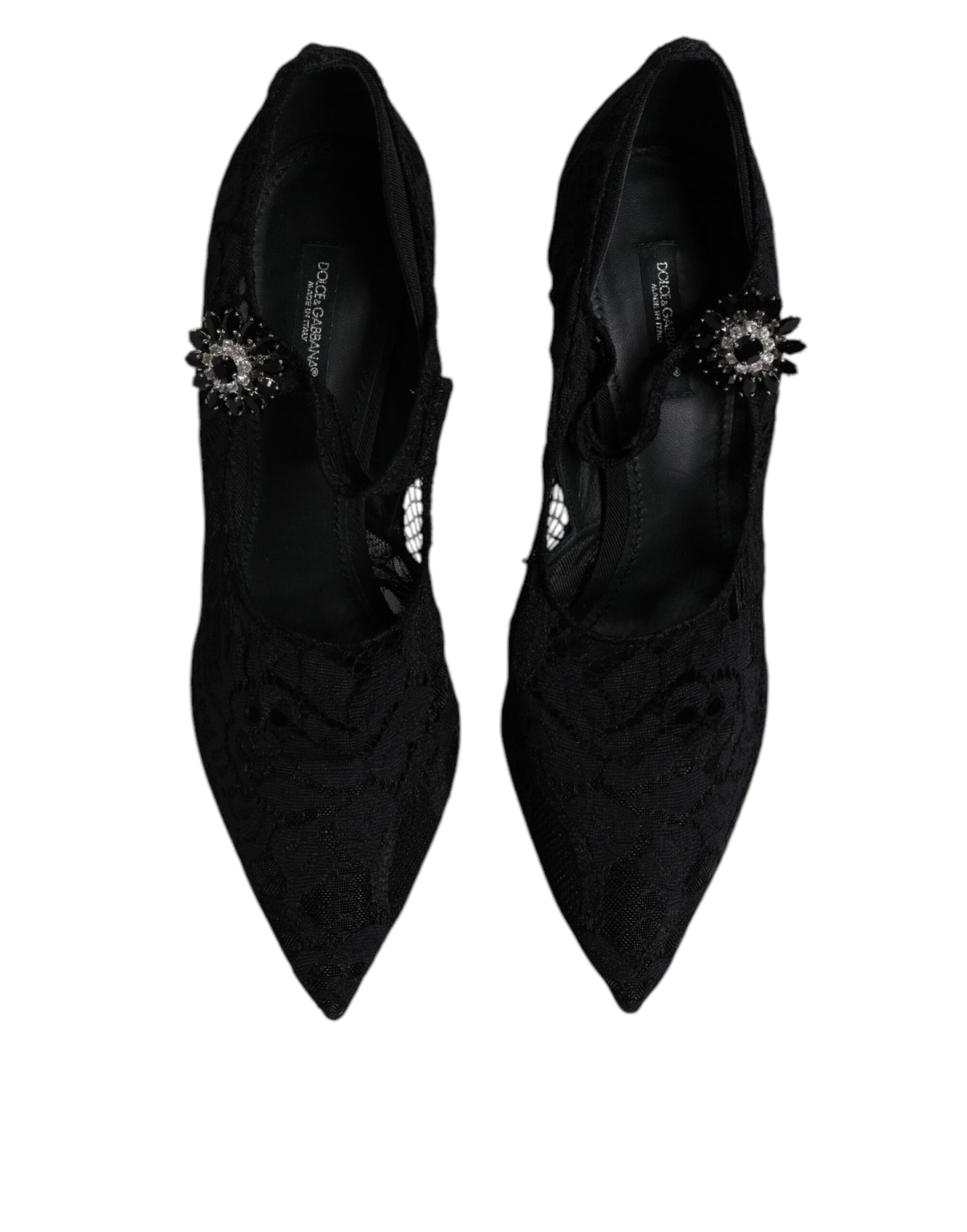 Dolce &amp; Gabbana – Mary-Jane-Pumps mit schwarzer Spitze und Kristallen