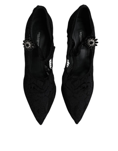 Dolce &amp; Gabbana – Mary-Jane-Pumps mit schwarzer Spitze und Kristallen