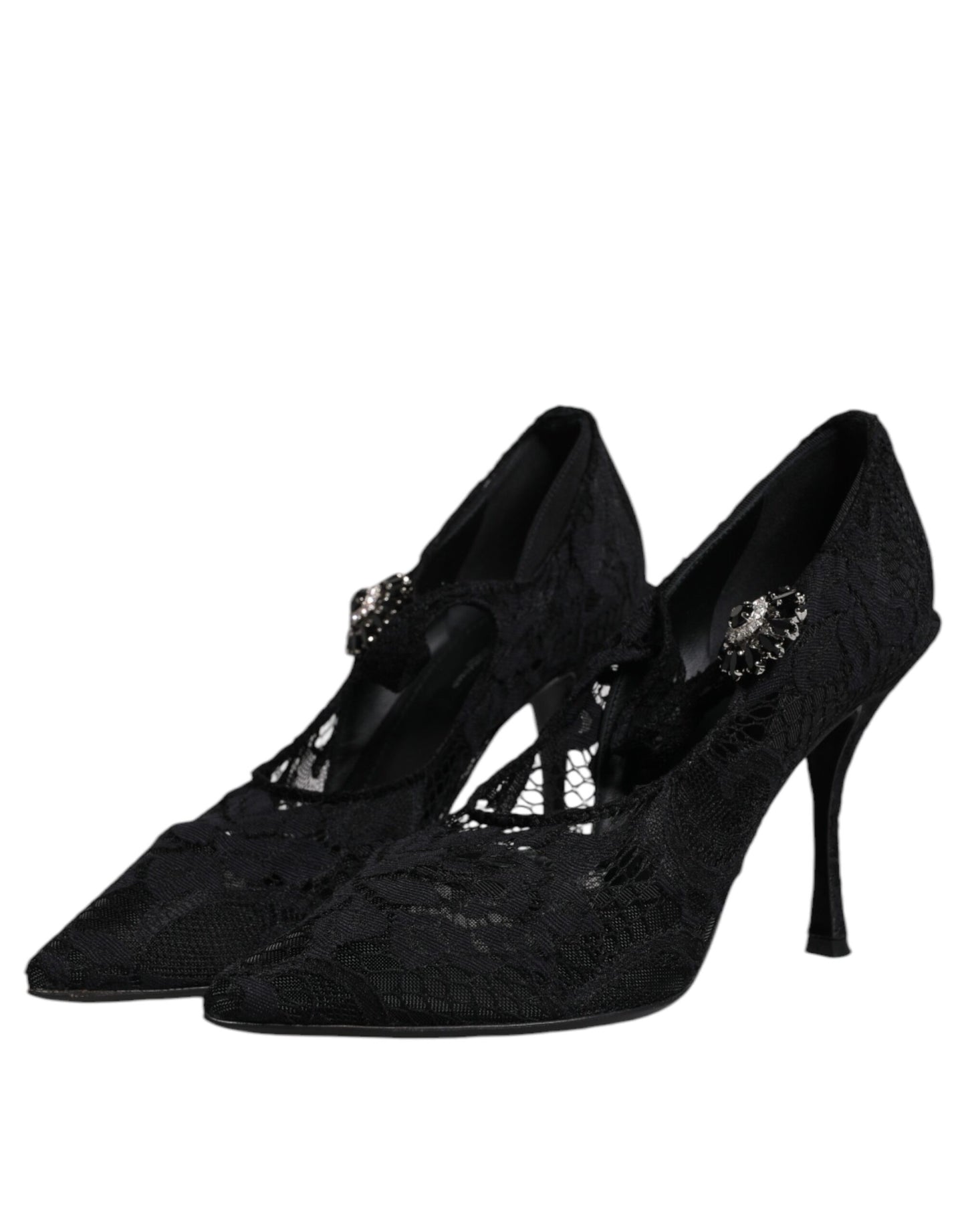 Dolce &amp; Gabbana – Mary-Jane-Pumps mit schwarzer Spitze und Kristallen