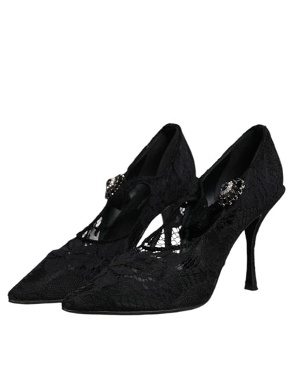 Dolce &amp; Gabbana – Mary-Jane-Pumps mit schwarzer Spitze und Kristallen