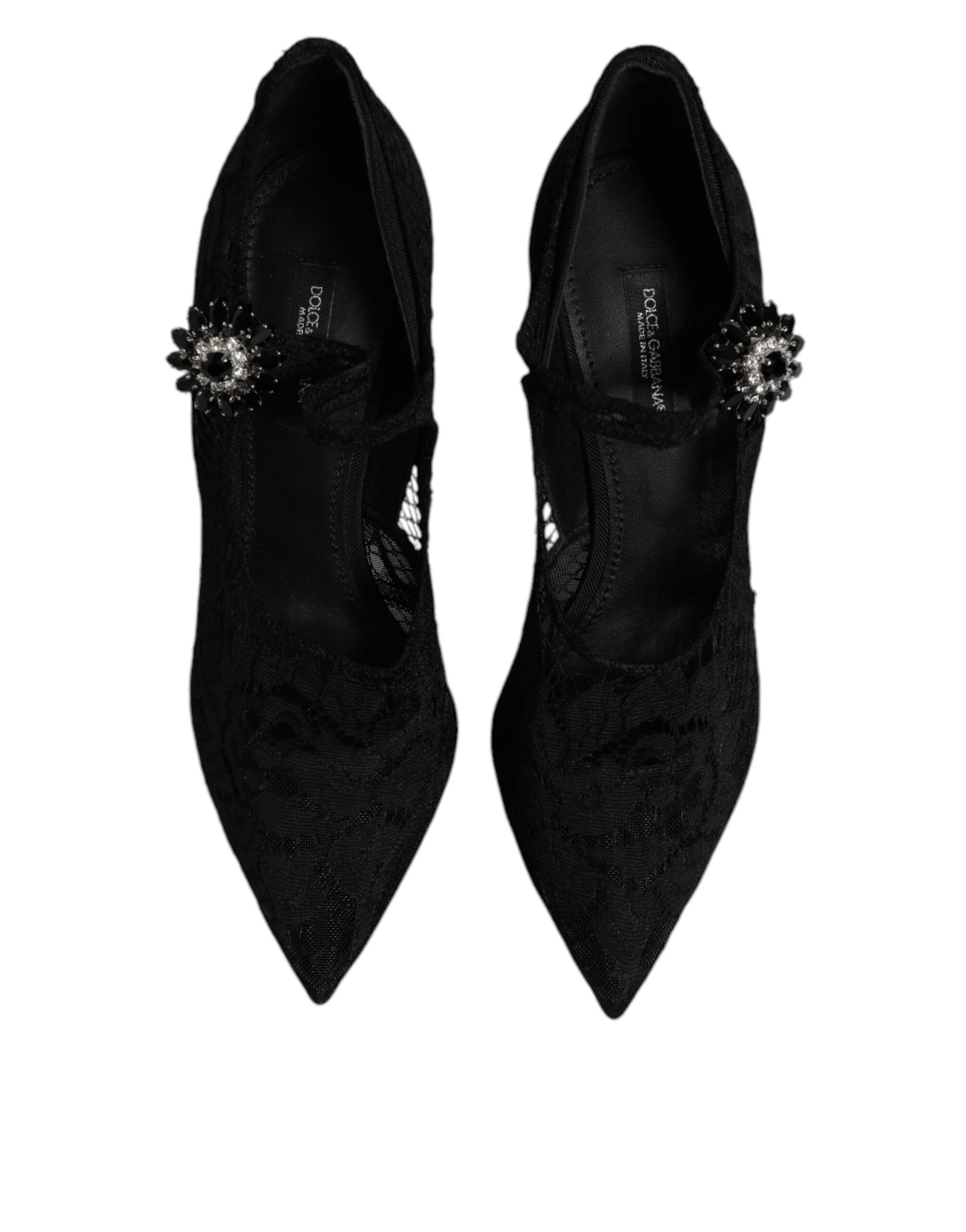 Dolce &amp; Gabbana – Mary-Jane-Pumps mit schwarzer Spitze und Kristallen