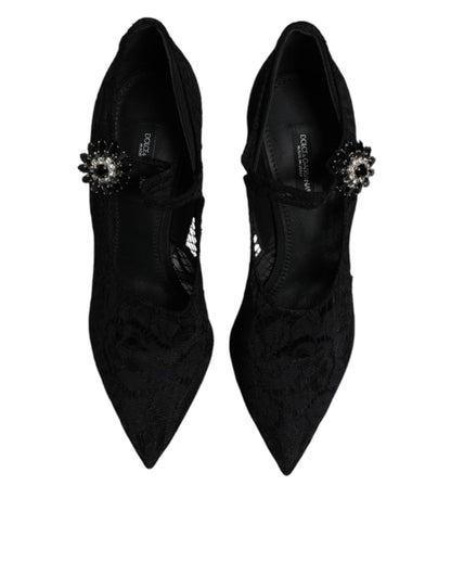 Dolce &amp; Gabbana – Mary-Jane-Pumps mit schwarzer Spitze und Kristallen
