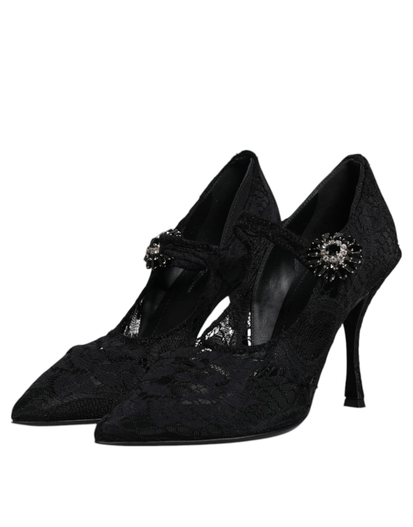 Dolce &amp; Gabbana – Mary-Jane-Pumps mit schwarzer Spitze und Kristallen