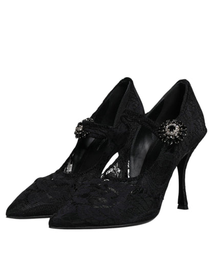 Dolce &amp; Gabbana – Mary-Jane-Pumps mit schwarzer Spitze und Kristallen