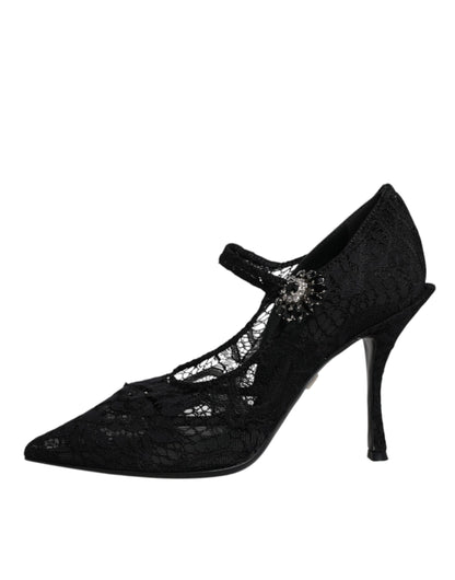 Dolce &amp; Gabbana – Mary-Jane-Pumps mit schwarzer Spitze und Kristallen