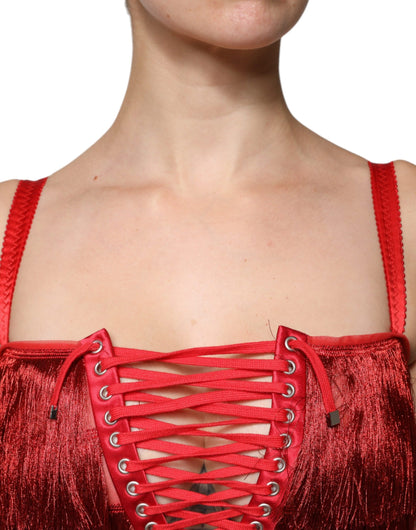 Dolce &amp; Gabbana – Ärmelloses Mini-Etuikleid mit Spitzenquaste in Rot