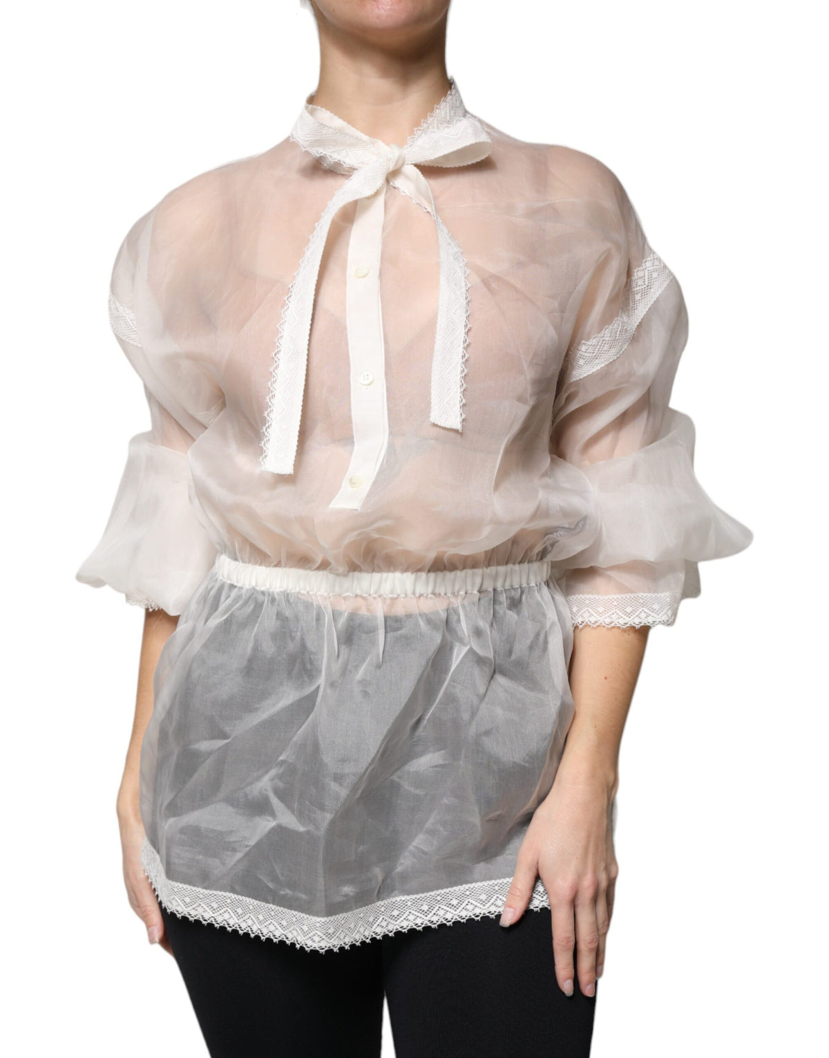 Dolce &amp; Gabbana – Weißes Blusentop mit Ascot-Kragen und langen Ärmeln
