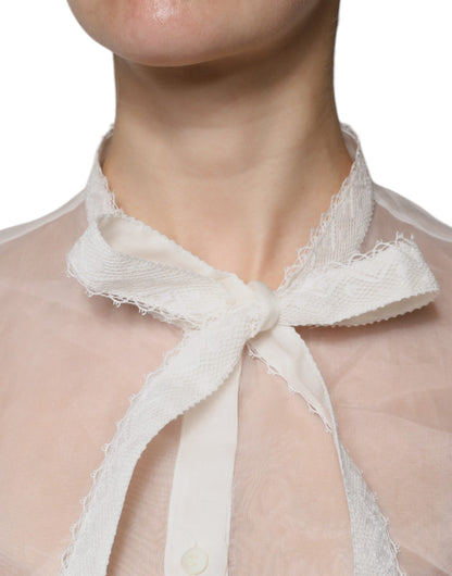 Dolce &amp; Gabbana – Weißes Blusentop mit Ascot-Kragen und langen Ärmeln
