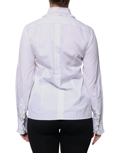 بلوزة دولتشي آند غابانا بيضاء من القطن بأكمام طويلة وياقة مكشكشة