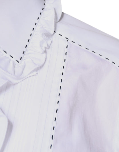 بلوزة دولتشي آند غابانا بيضاء من القطن بأكمام طويلة وياقة مكشكشة