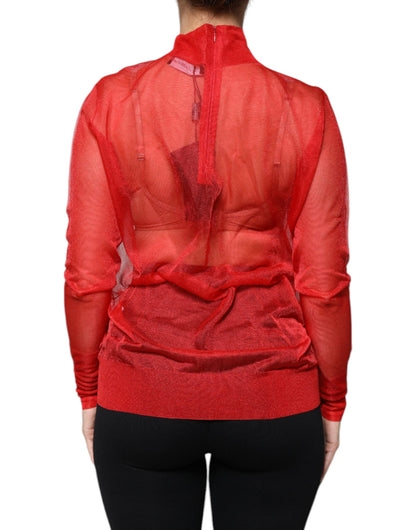 Dolce &amp; Gabbana, rotes Rollkragen-Bluse-Oberteil aus Netzstoff mit langen Ärmeln