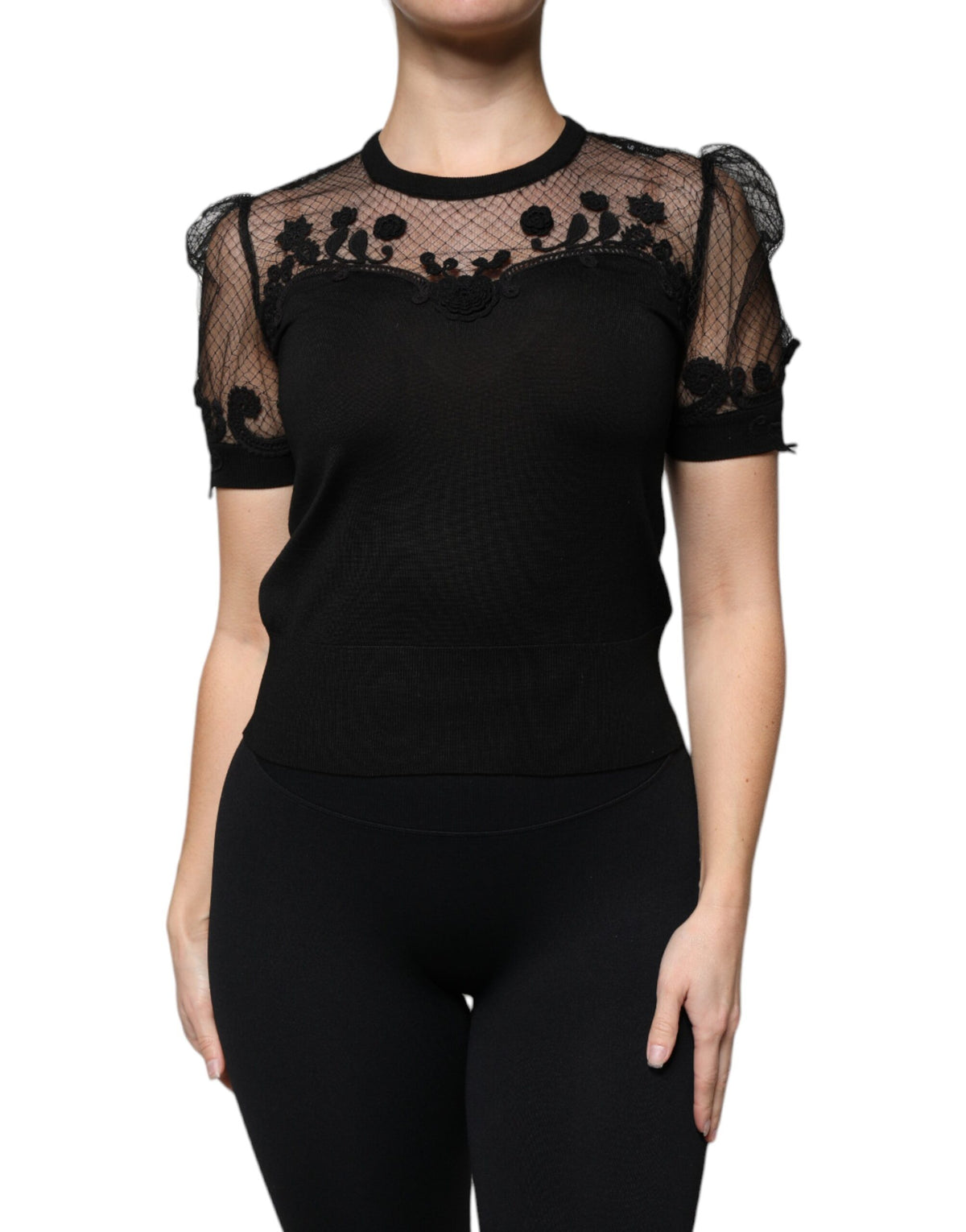 Dolce &amp; Gabbana – Schwarze Bluse mit Blumenspitze und kurzen Ärmeln