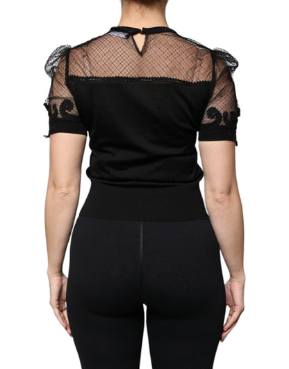 Dolce &amp; Gabbana – Schwarze Bluse mit Blumenspitze und kurzen Ärmeln