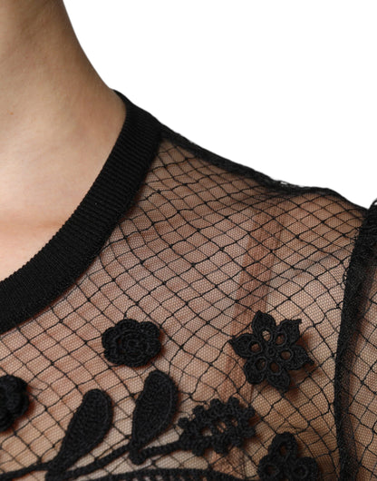 Dolce &amp; Gabbana – Schwarze Bluse mit Blumenspitze und kurzen Ärmeln