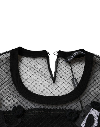 Dolce &amp; Gabbana – Schwarze Bluse mit Blumenspitze und kurzen Ärmeln