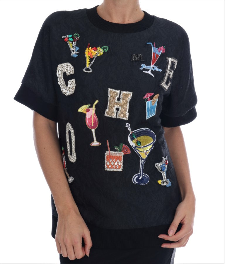 Dolce &amp; Gabbana – Schwarzer Brokat-Cocktailpullover mit Kristallen