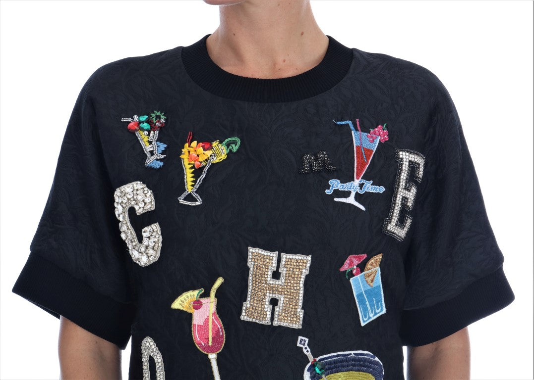Dolce &amp; Gabbana – Schwarzer Brokat-Cocktailpullover mit Kristallen
