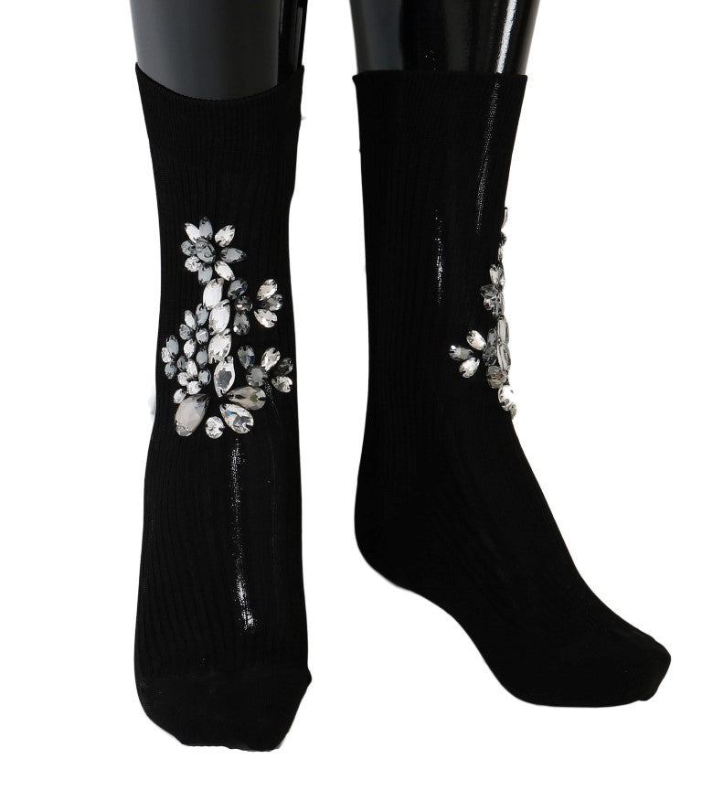 Dolce &amp; Gabbana Schwarze gestrickte Socken mit Blumenmuster und durchsichtigem Kristall