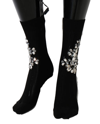 Dolce &amp; Gabbana Schwarze gestrickte Socken mit Blumenmuster und durchsichtigem Kristall