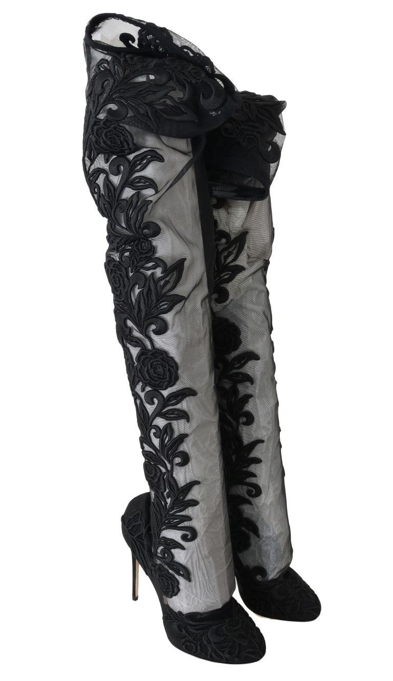 Dolce &amp; Gabbana – Schwarze Sockenstiefel mit Blumenstickerei