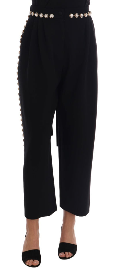 Dolce &amp; Gabbana Schwarze Stretch-Hose aus Wolle mit Kristallen