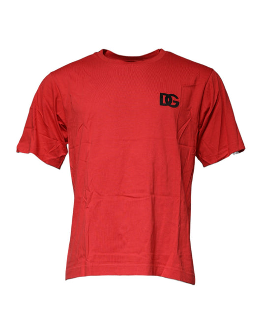 Dolce &amp; Gabbana – Rotes T-Shirt aus Baumwolle mit Rundhalsausschnitt und DG-Logo
