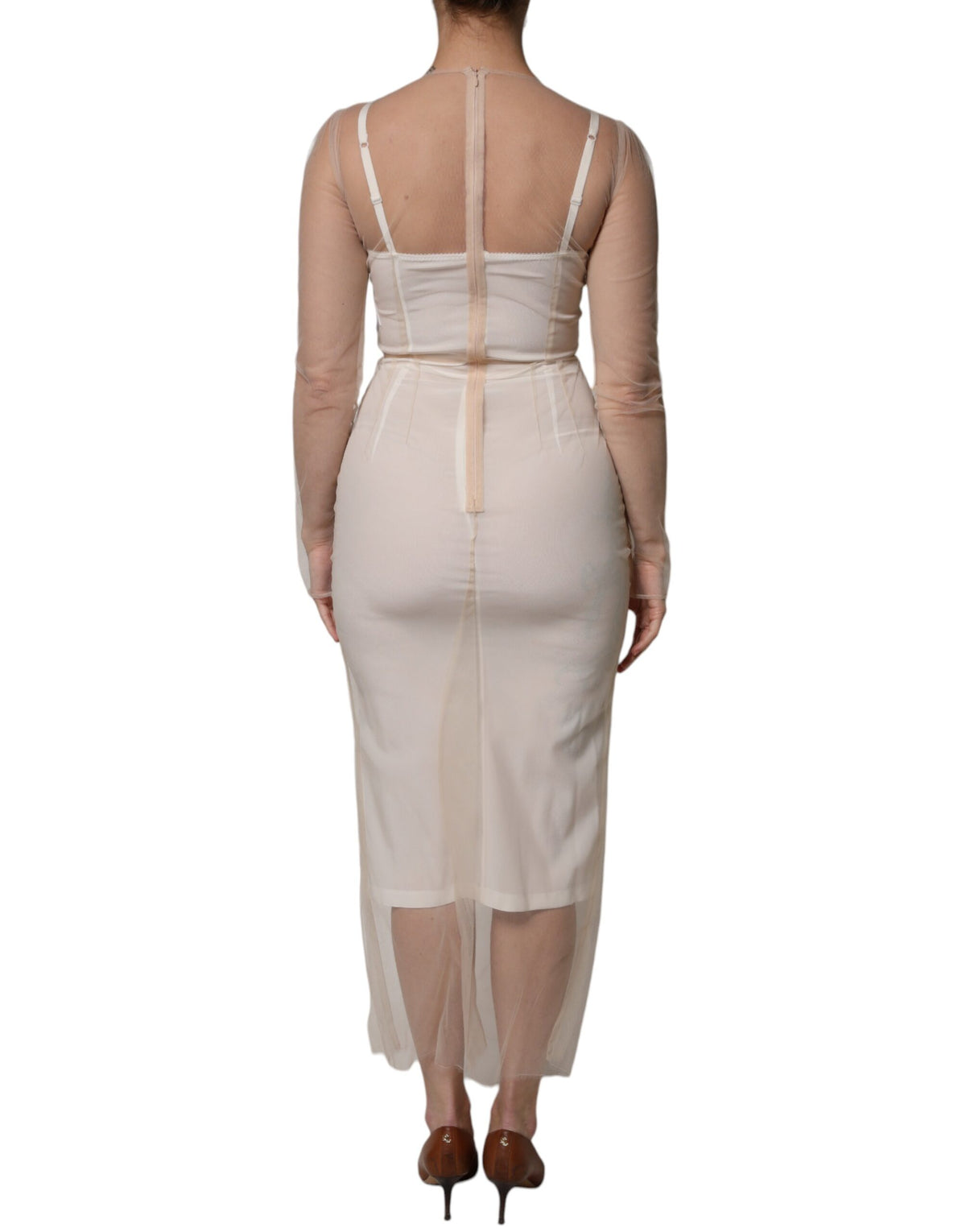 Dolce &amp; Gabbana – Weißes, transparentes Tüll-Bustier-Midikleid mit figurbetontem Schnitt