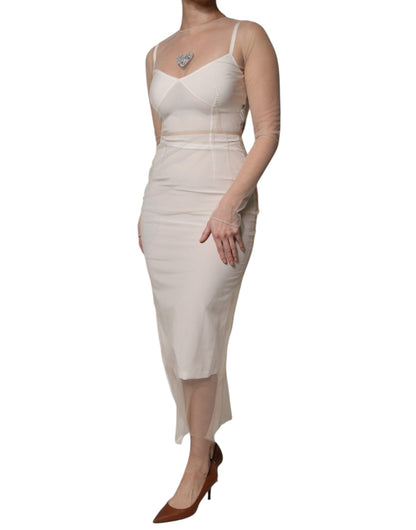 Dolce &amp; Gabbana – Weißes, transparentes Tüll-Bustier-Midikleid mit figurbetontem Schnitt