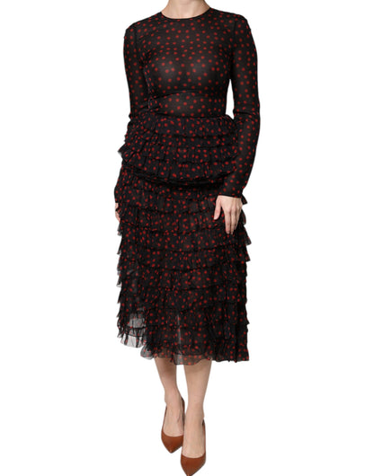 Dolce &amp; Gabbana – Midikleid aus Seide mit schwarzen und roten Punkten