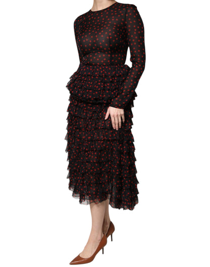 Dolce &amp; Gabbana – Midikleid aus Seide mit schwarzen und roten Punkten