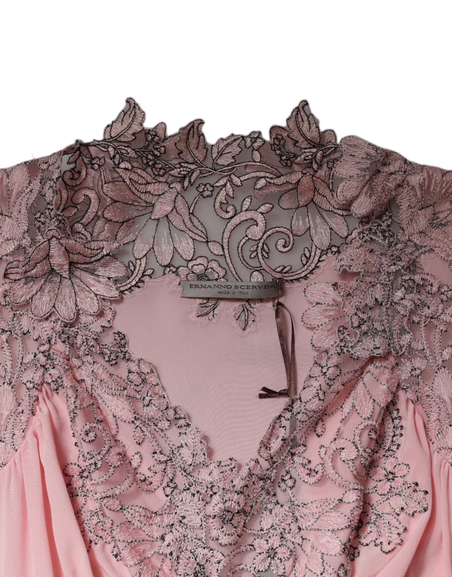 Ermanno Scervino – Rosafarbenes Midikleid mit Blumenspitze und kurzen Ärmeln sowie V-Ausschnitt