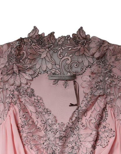 Ermanno Scervino – Rosafarbenes Midikleid mit Blumenspitze und kurzen Ärmeln sowie V-Ausschnitt