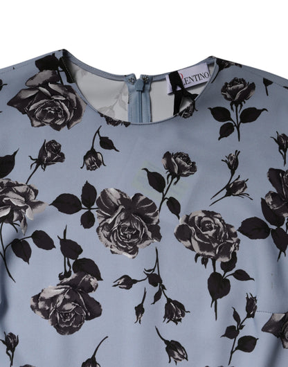 Valentino – Hellblaues, geblümtes Minikleid in A-Linie mit langen Ärmeln