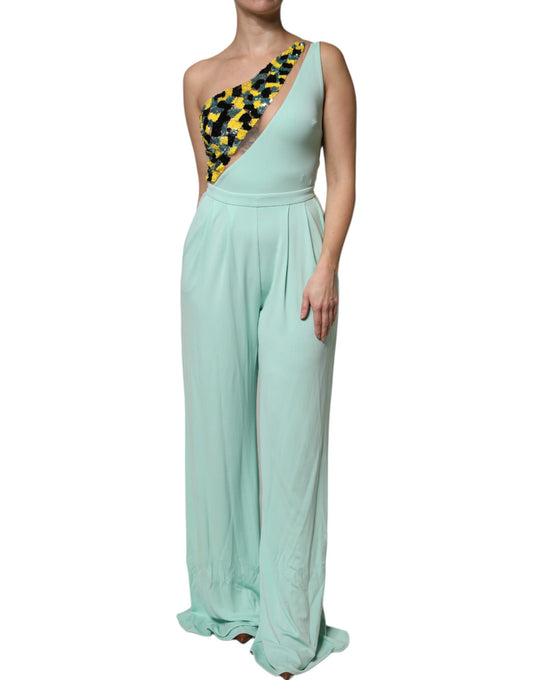 Elisabetta Franchi – Mintgrünes, langes Jumpsuit-Kleid mit einer Schulter