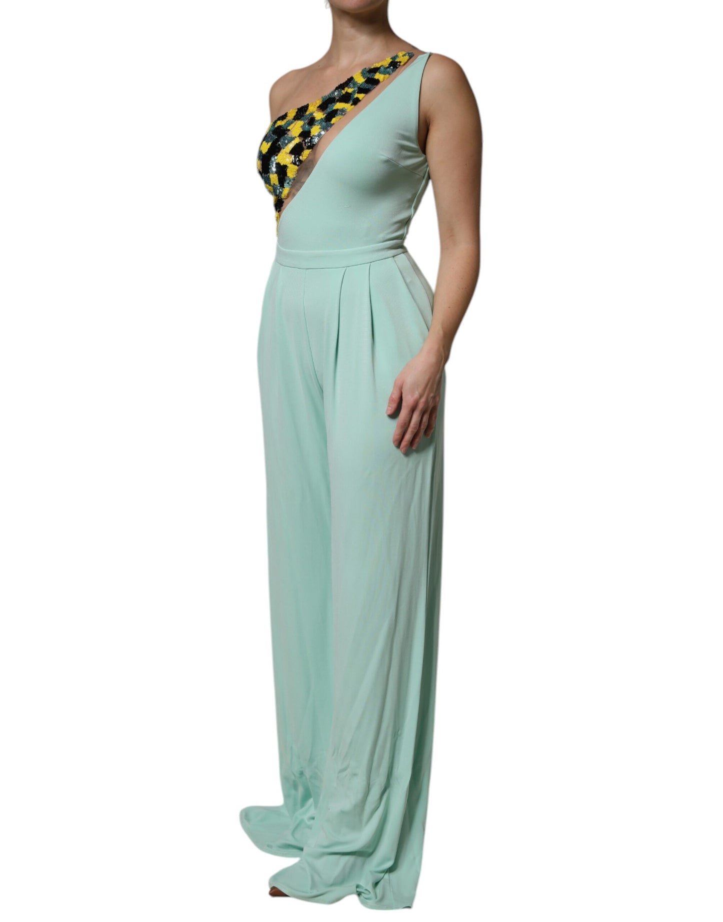 Elisabetta Franchi – Mintgrünes, langes Jumpsuit-Kleid mit einer Schulter
