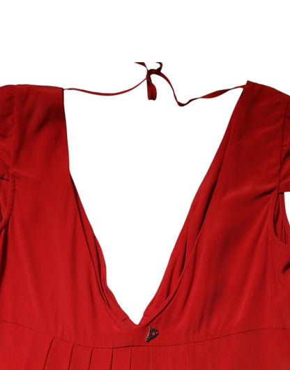 Dondup – Rotes Acetat-Maxikleid mit kurzen Ärmeln und tiefem Ausschnitt