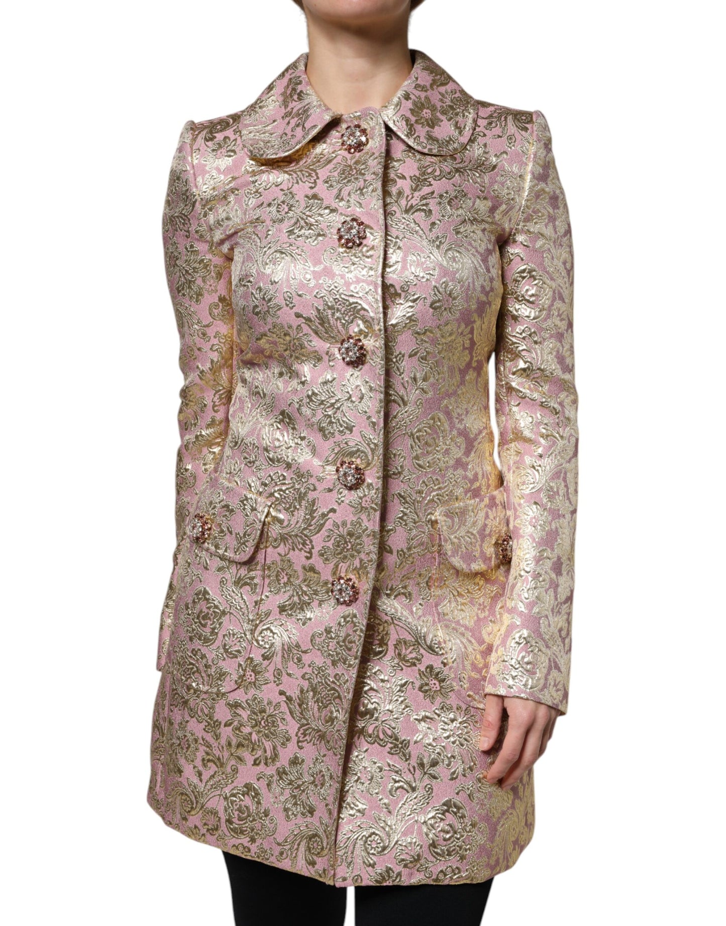 Dolce &amp; Gabbana – Manteljacke aus Jacquard mit Juwelenknöpfen in Metallic-Pinkgold