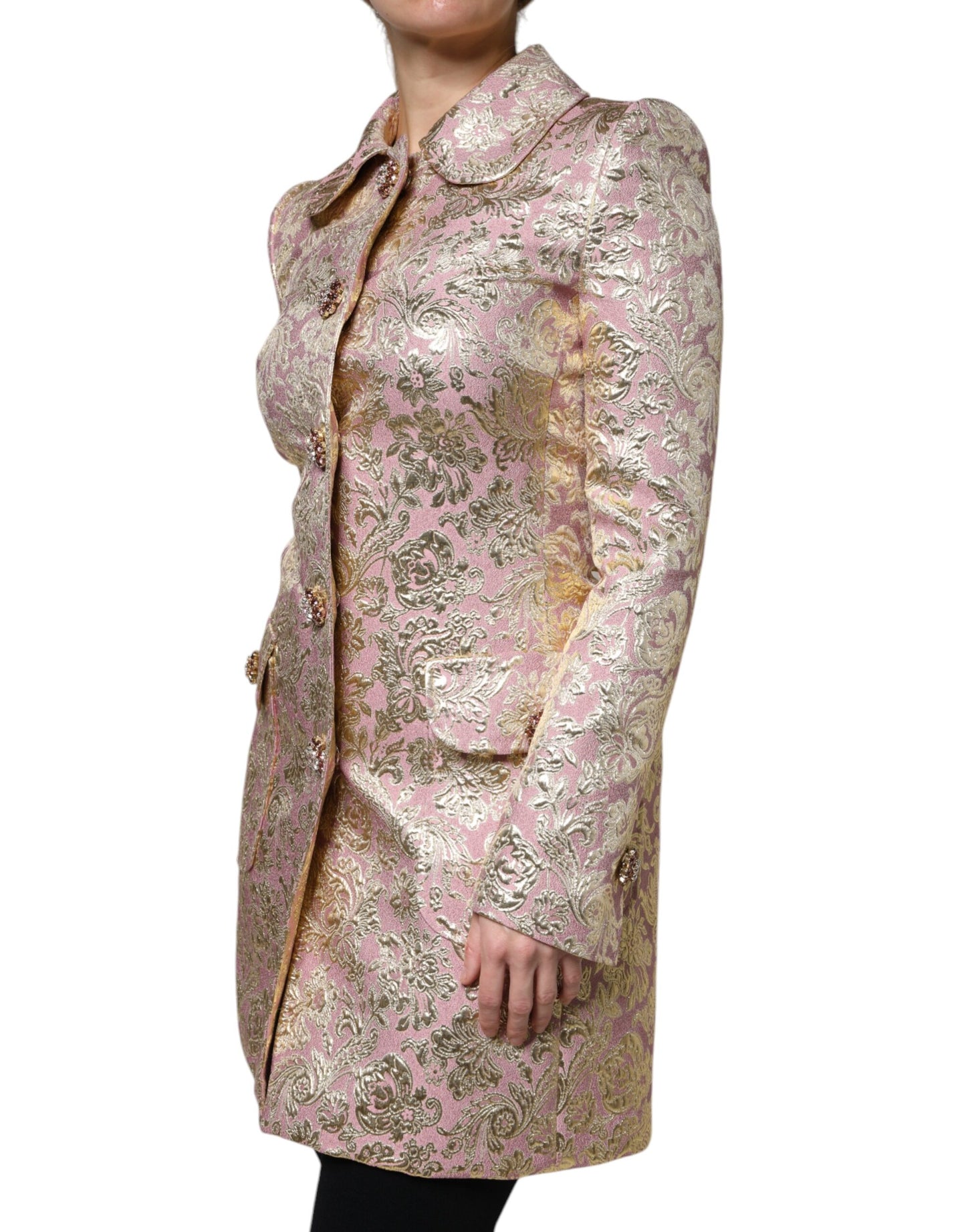 Dolce &amp; Gabbana – Manteljacke aus Jacquard mit Juwelenknöpfen in Metallic-Pinkgold