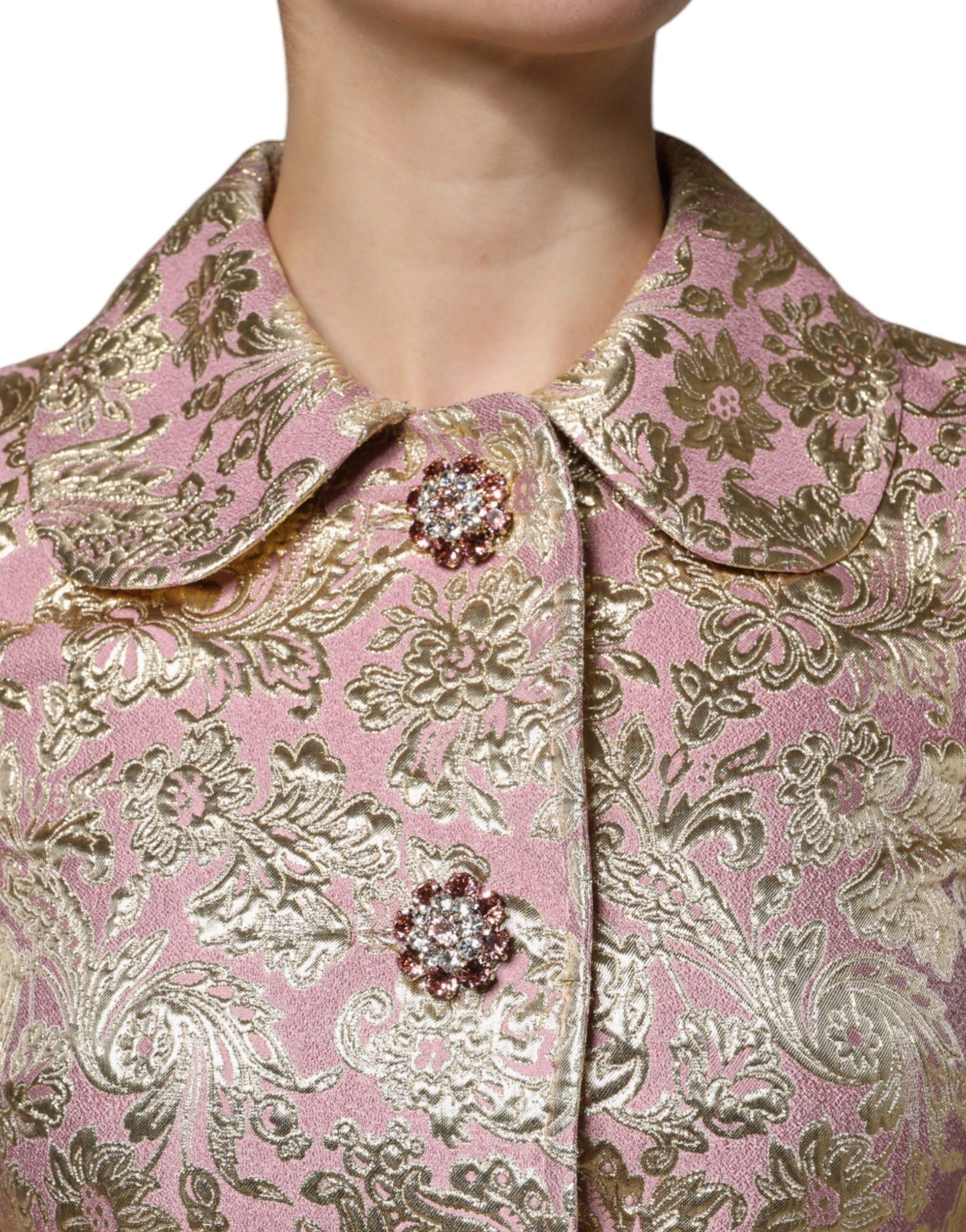 Dolce &amp; Gabbana – Manteljacke aus Jacquard mit Juwelenknöpfen in Metallic-Pinkgold
